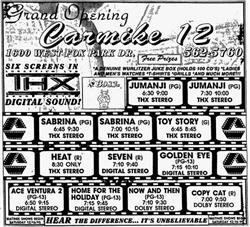 Grand Opening ad for the Carmike 12, featuring six screens with THX digital sound.  'Hear the difference...  It's unbelievable.'
